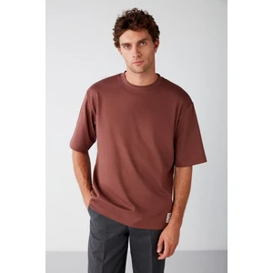 Joel Erkek %100 Organik Pamuklu Kalın Kumaşlı Özel Dokulu Etiket Detaylı Oversize Bordo T-shirt