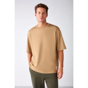 Joel Erkek %100 Organik Pamuklu Kalın Kumaşlı Özel Dokulu Etiket Detaylı Oversize Bej T-shirt