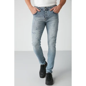 Johen Erkek Skinny Fit Yıpratmalı Esnek Yapılı Kalın Dokulu Denim Açık Mavi Jeans