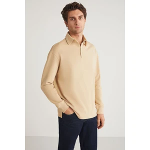 JOHN Erkek Polo Sweat Gömlek Yakalı Arkası Uzun Yırtmaçlı Diagonel Kumaşlı Bej Sweatshirt
