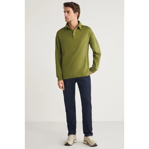 JOHN Erkek Polo Sweat Gömlek Yakalı Arkası Uzun Yırtmaçlı Diagonel Kumaşlı Haki Sweatshirt