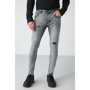 Johen Erkek Skinny Fit Yıpratmalı Esnek Yapılı Kalın Dokulu Denim Kot Açık Gri Jeans