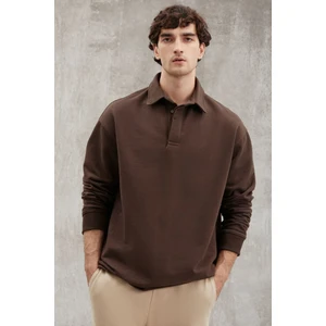 John Erkek Polo Sweat Gömlek Yakalı Arkası Uzun Yırtmaçlı Diagonel Kumaşlı Koyu Kahverengi Sweatshir