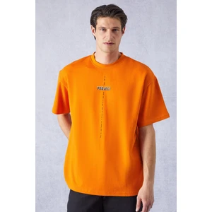 Project Erkek Baskı Detaylı Oversize Fit  Pamuk Örme Bisiklet Yaka Örme Turuncu T-Shirt
