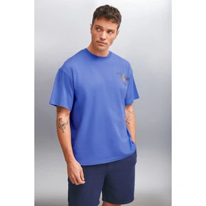 PHILLIP Erkek Oversize Fit %100 Pamuk Kalın Dokulu Baskılı Mavi T-Shirt