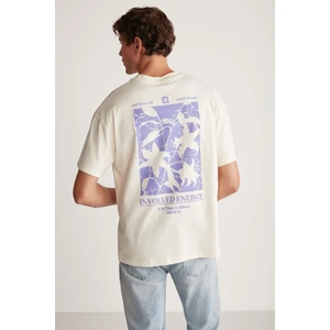 Quıncy Erkek Oversize Fit %100 Pamuk Kalın Dokulu Baskılı Vanilya T-Shirt