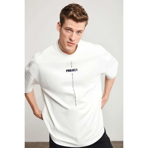 Project Erkek Baskı Detaylı Oversize Fit %100 Organik Pamuk Örme Bisiklet Yaka Örme Beyaz T-shirt