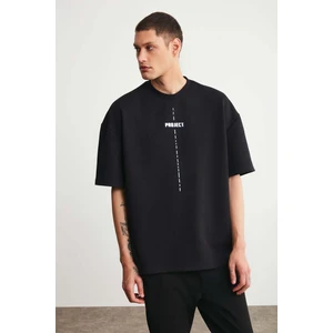 Project Erkek Baskı Detaylı Oversize Fit %100 Organik Pamuk Örme Bisiklet Yaka Örme Siyah T-shirt