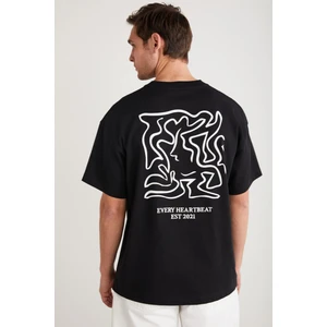 RICO Erkek %100 Pamuklu Önü Ve Arkası Baskılı Bisiklet Yaka Kısa Kollu Oversize Siyah T-Shirt