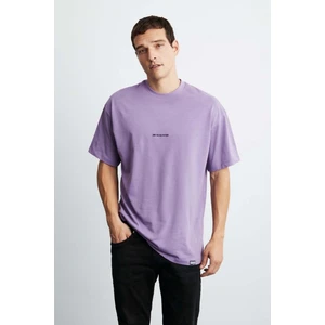 Rıver Erkek Nakış Işlemeli Oversize %100 Organik Pamuk 3 Iplik Örme Mor T-shirt