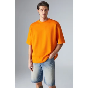 Joel Erkek  Pamuklu Kalın Kumaşlı Özel Dokulu Etiket Detaylı Oversize Turuncu T-Shirt