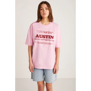 Plensa Kadın %100 Organik Pamuklu Nakış Işlemeli Ve Kabartmalı Baskılı Oversize Pembe T-shirt