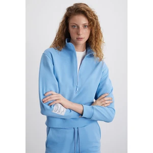 Saılenıs Kadın Yumuşacık Içi Şardonlu Organik Pamuk Yarım Fermuarlı Regular Mavi Sweatshirt