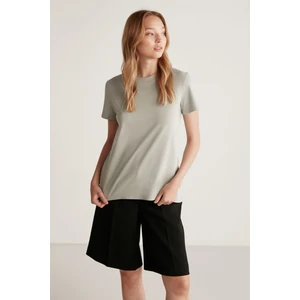 Samantha Kadın %100 Organik Pamuklu Comfort Fit Arkası Uzun Basic Örme Açık Gri T-shirt