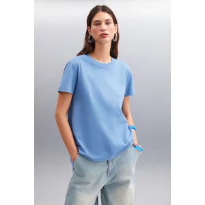 Samantha Kadın %100 Organik Pamuklu Comfort Fit Arkası Uzun Basic Örme Indigo T-shirt