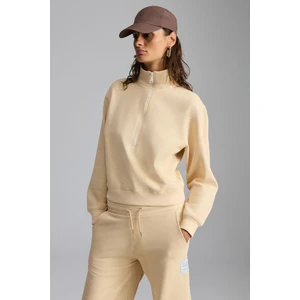 Saılenıs Kadın Yumuşacık Içi Şardonlu Organik Pamuk Yarım Fermuarlı Regular Krem Sweatshirt