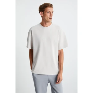 Rıver Erkek Nakış Işlemeli Oversize %100 Organik Pamuk 3 Iplik Örme Taş Rengi T-shirt