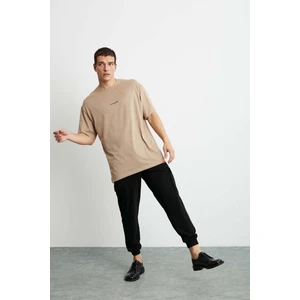 Rıver Erkek Oversize Fit Önü Nakışlı %100 Pamuklu Bej T-shirt