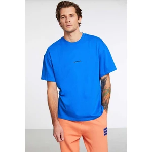 Rıver Erkek Nakış Işlemeli Oversize %100 Organik Pamuk 3 Iplik Örme Saks Mavi T-shirt