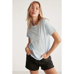 Samantha Kadın %100 Organik Pamuklu Comfort Fit Arkası Uzun Basic Örme Açık Mavi T-shirt