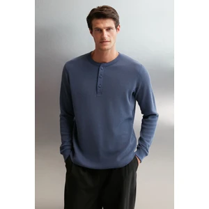 Patrıck Erkekm Triko Yakalı Waffle Özel Dokulu Kalın Kumaşlı Uzun Kol Indigo T-shirt