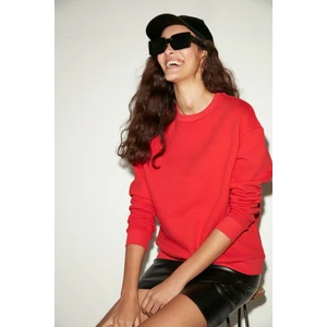 Vaneltına Kadın Içi Polarlı 3 Iplik Organik Pamuk Oversize Basic Bisiklet Yaka Kırmızı Sweatshirt