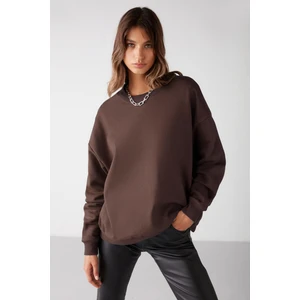 Vaneltına Kadın Organik Pamuklu Yumuşacık Içi Polarlı Yuvarlak Yakalı Kahverengi Sweatshirt