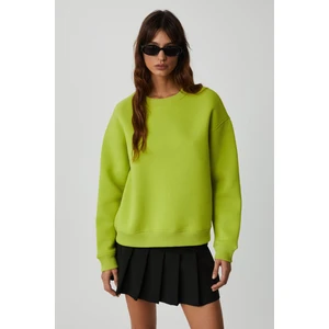 Vaneltına Kadın Içi Polarlı 3 Iplik Organik Pamuk Oversize Basic Bisiklet Yaka Fıstık Yeşili Sweatshirt