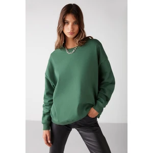 Vaneltına Kadın Içi Polarlı 3 Iplik Organik Pamuk Oversize Basic Bisiklet Yaka Yeşil Sweatshirt