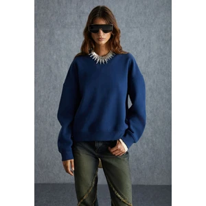 Vaneltına Kadın Içi Polarlı 3 Iplik Organik Pamuk Oversize Basic Bisiklet Yaka Lacivert Sweatshirt