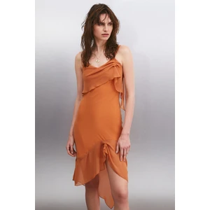 Vespertına Kadın Şifon Dokuma Kumaşlı Asimetrik Ve Fırfır Detaylı Midi Turuncu Elbise