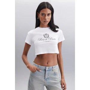 MORAN Kadın %100 Pamuk Beyaz - Siyah Baskılı T-Shirt