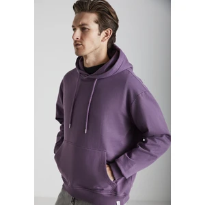 Yokohama Erkek Içi Polarlı Yumuşacık Regular Kanguru Cepli Kapüşonlu Mor Sweatshirt