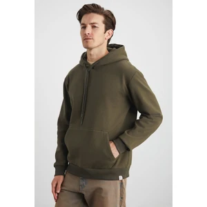 Yokohama Erkek Içi Polarlı Yumuşacık Regular Kanguru Cepli Kapüşonlu Haki Sweatshirt