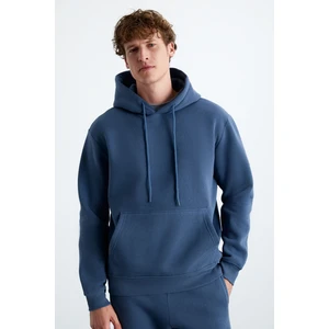 Yokohama Erkek Içi Polarlı Yumuşacık Regular Kanguru Cepli Kapüşonlu Indigo Sweatshirt