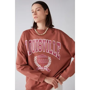 Ramona Kadın Oversize Yumuşak Içi Polar Organik Pamuklu Baskı Yuvarlak Yaka Kiremit Rengi Sweatshirt