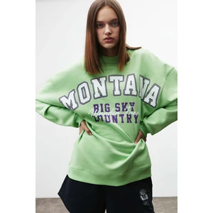 Ramona Kadın Oversize Yumuşacık Içi Polarlı Organik Pamuklu Baskılı Yuvarlak Yakalı Yeşil Sweatshirt
