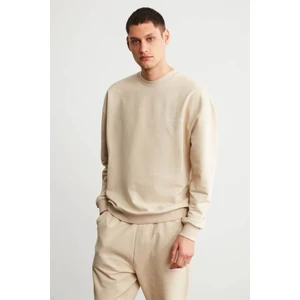 Raırok Erkek İçi Polarlı Comfort Oversize Nakışlı Bej Sweat