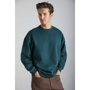 Tokyo Erkek Içi Polarlı Yumuşacık Arka Etiket Detaylı Bisiklet Yaka Oversize Koyu Yeşil Sweatshirt