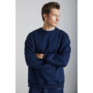 Tokyo Erkek Içi Polarlı Yumuşacık Arka Etiket Detaylı Bisiklet Yaka Oversize Lacivert Sweatshirt