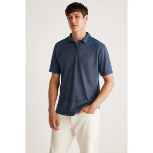 Toby Erkek Polo Keten Görünümlü Tiril Tiril Kumaşlı Lacivert Polo Yaka T-Shirt