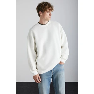 Tokyo Erkek Içi Polarlı Yumuşacık Arka Etiket Detaylı Bisiklet Yaka Oversize Ekru Sweatshirt