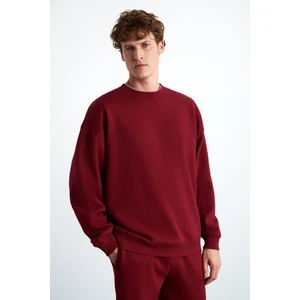 Tokyo Erkek Içi Polarlı Yumuşacık Arka Etiket Detaylı Bisiklet Yaka Oversize Kırmızı Sweatshirt