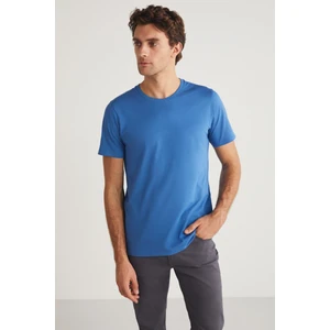 MICHEL Erkek Slim Fit Dar Kesim %100 Organik Pamuklu Basic Örme Mavi T-Shirt