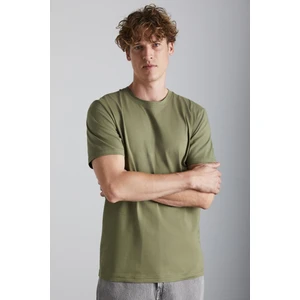 MICHEL Erkek Slim Fit Dar Kesim  Organik Pamuklu Basic Örme Haki T-Shirt