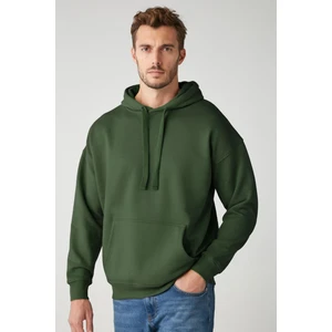 Steve Erkek Yumusaçık Kumaşlı Kordonlu Oversize Kapüşonlu Kanguru Cepli Koyu Yeşil Sweatshirt