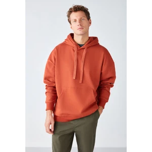 Steve Erkek Yumusaçık Kumaşlı Kapüşonlu Kordonlu Oversize Fit Kiremit Rengi Sweatshirt