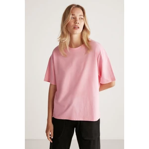 Jemmy Kadın Basic Süprem Dokuma Relaxed %100 Organik Pamuk Açık Pembe T-shirt