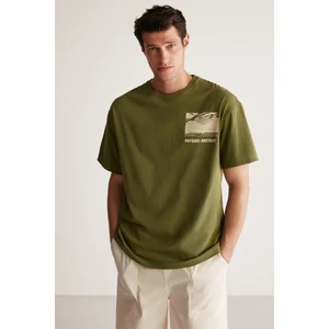 STUART Erkek Oversize Fit %100 Pamuk Kalın Dokulu Baskılı Haki T-Shirt