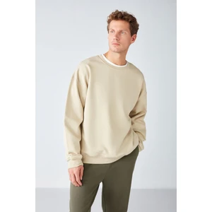Stephan Erkek Yumuşacık Kumaşlı Oversize Fit Yuvarlak Yakalı Bej Sweatshirt